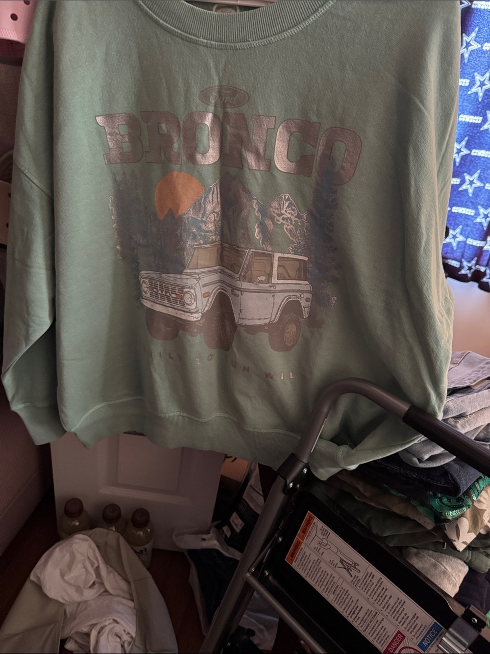 Ford Bronco Graphic Crewneck Sweater — Sage Green with Orange Accent